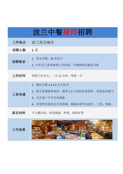 波蘭廚師工作簽 有技術(shù)即可工作輕松工資高 可全家移民